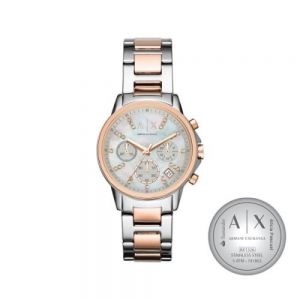 RELOJ DAMA MARCA ARMANI ACERO INOXIDABLE EXT. METAL DOS TONOS CON FECHADOR Y CHRONO  GRABADO LASER EN TAPA
